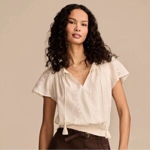Lucky Brand XL Tofu Cream Front Tassel Tie Flutter Short Sleeve Boho Eyelet Top